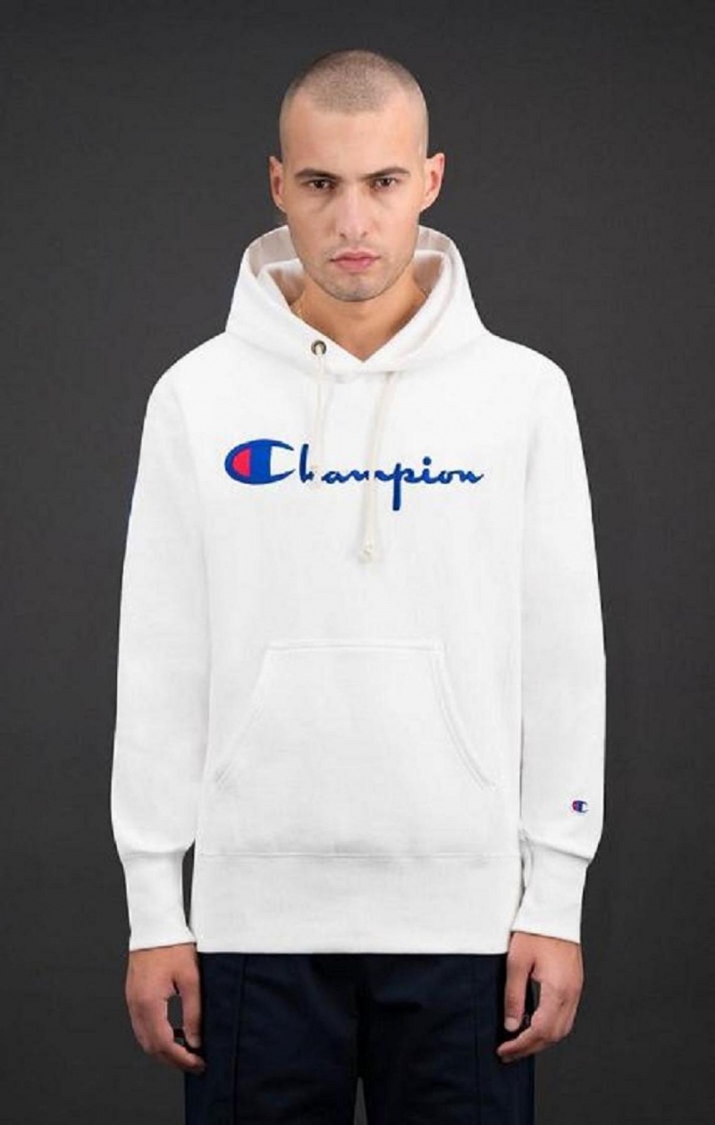 Champion Script Logo Reverse Weave Hoodie Hættetrøje Herre Hvide | 7904-KBQIU