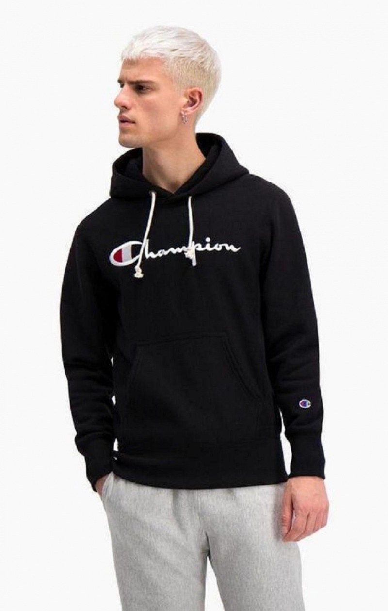 Champion Script Logo Reverse Weave Hoodie Hættetrøje Herre Sort | 0381-FZJKA