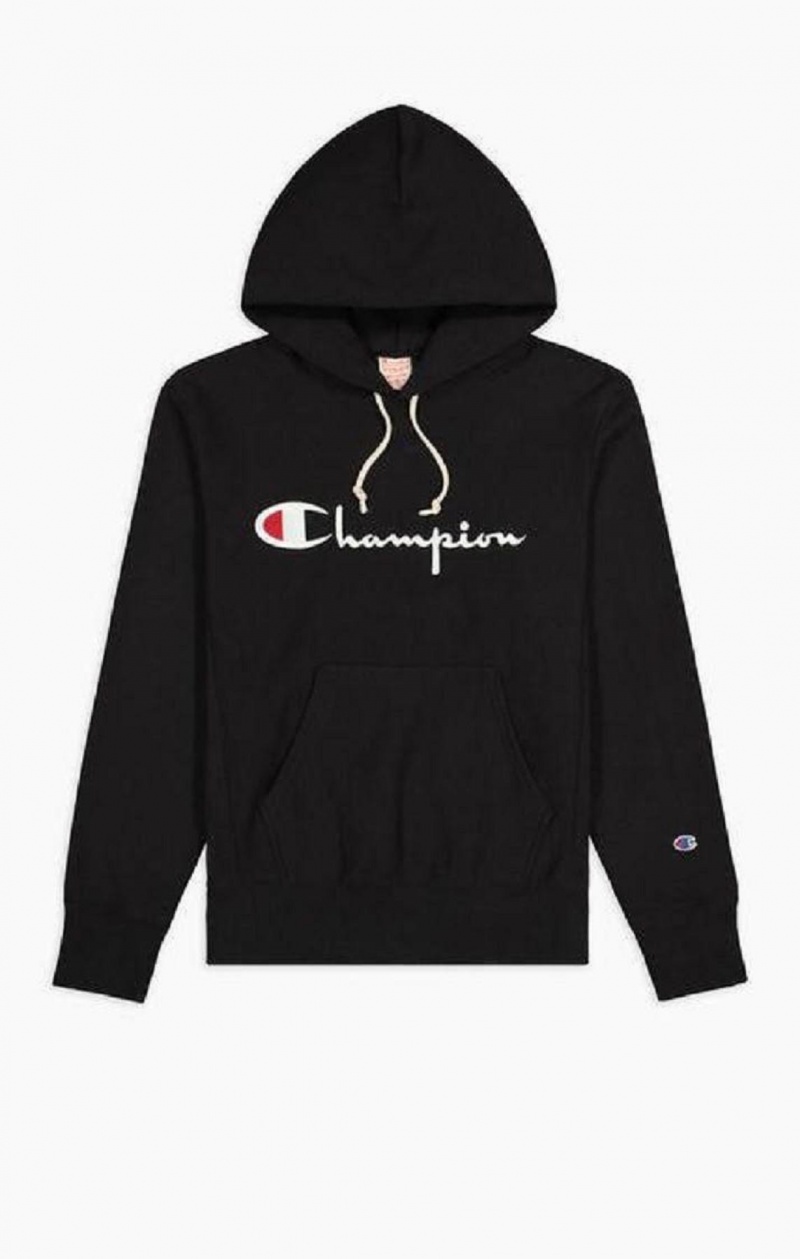 Champion Script Logo Reverse Weave Hoodie Hættetrøje Herre Sort | 0381-FZJKA