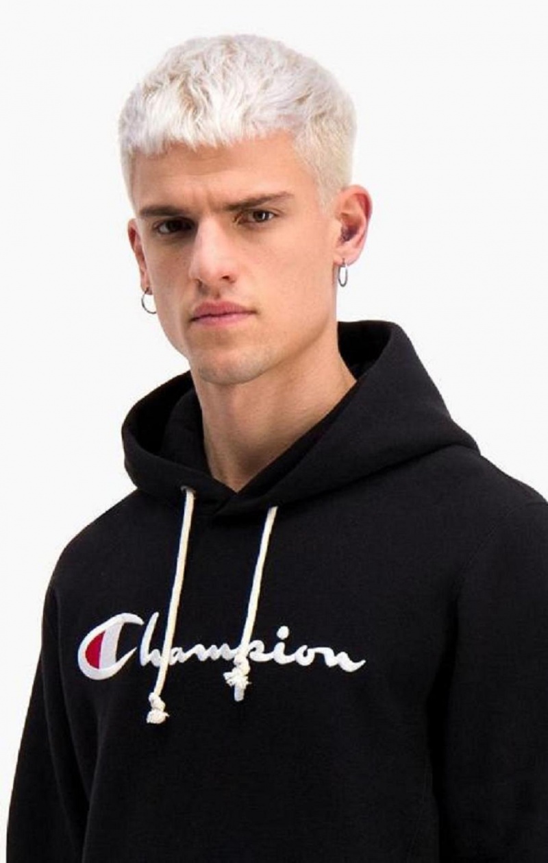 Champion Script Logo Reverse Weave Hoodie Hættetrøje Herre Sort | 0381-FZJKA