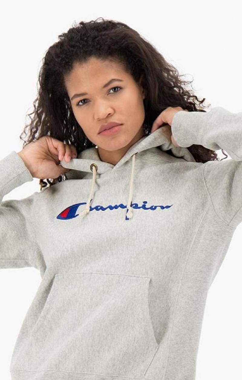 Champion Script Logo Reverse Weave Hoodie Hættetrøje Dame Mørkegrå | 7901-TMXRN