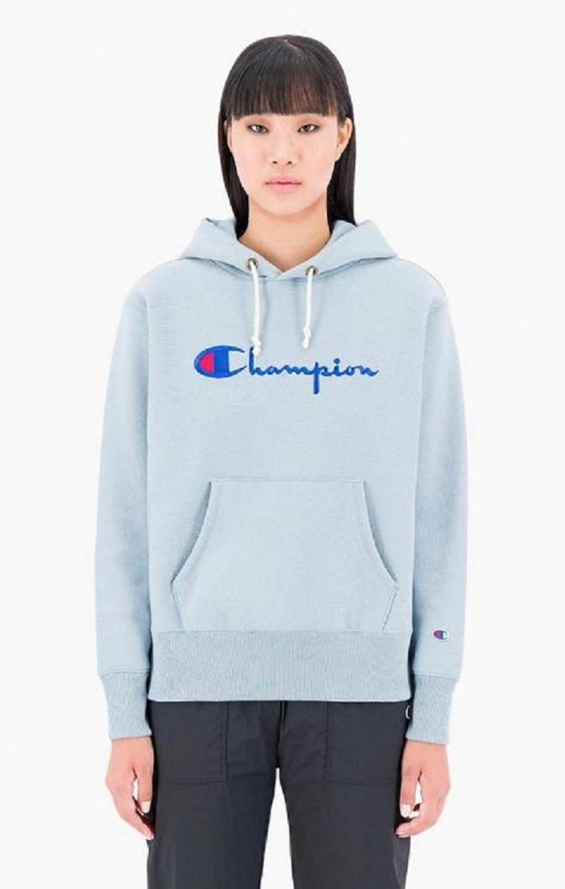 Champion Script Logo Reverse Weave Hoodie Hættetrøje Dame Turkis Blå | 1945-PXNFK