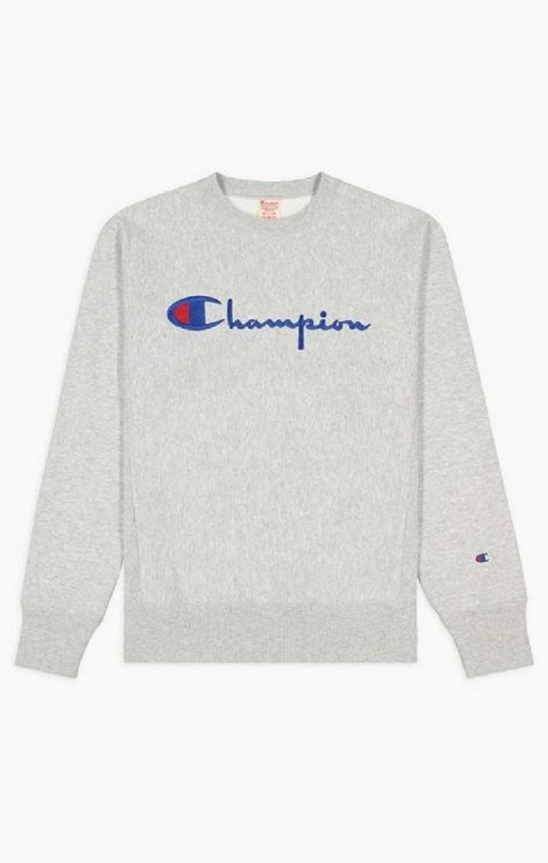 Champion Script Logo Reverse Weave Sweatshirt Sweatshirts Herre Grå | 0942-TYHUV