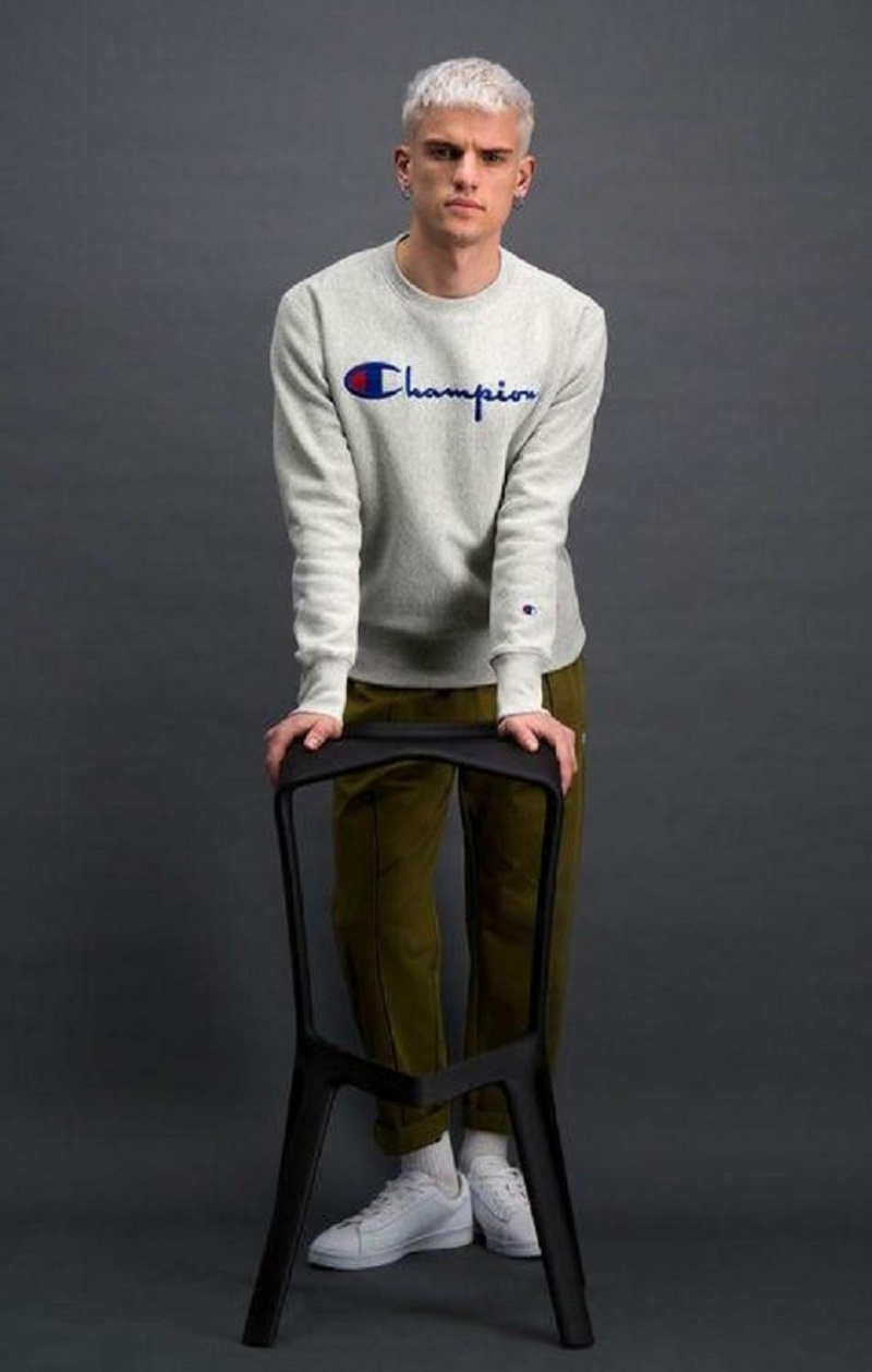 Champion Script Logo Reverse Weave Sweatshirt Sweatshirts Herre Lysegrå | 9471-URHYF