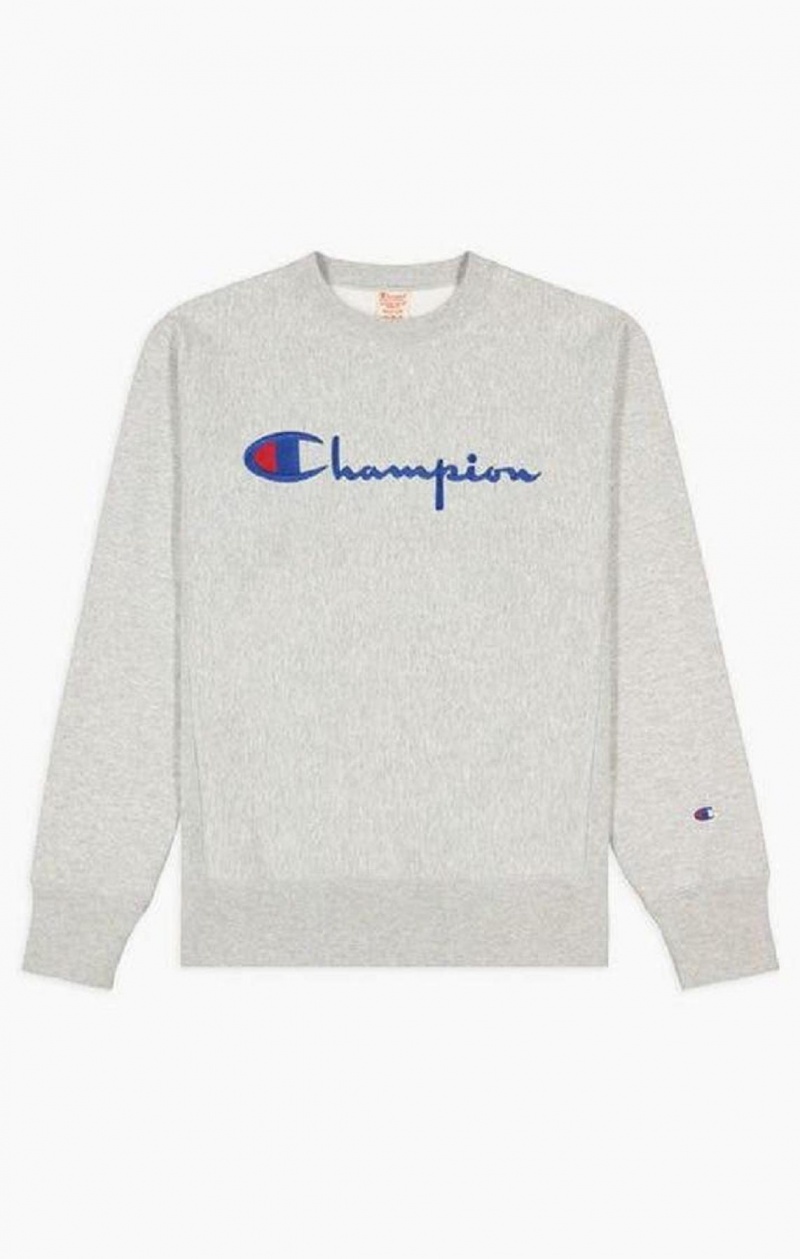 Champion Script Logo Reverse Weave Sweatshirt Sweatshirts Herre Lysegrå | 9471-URHYF