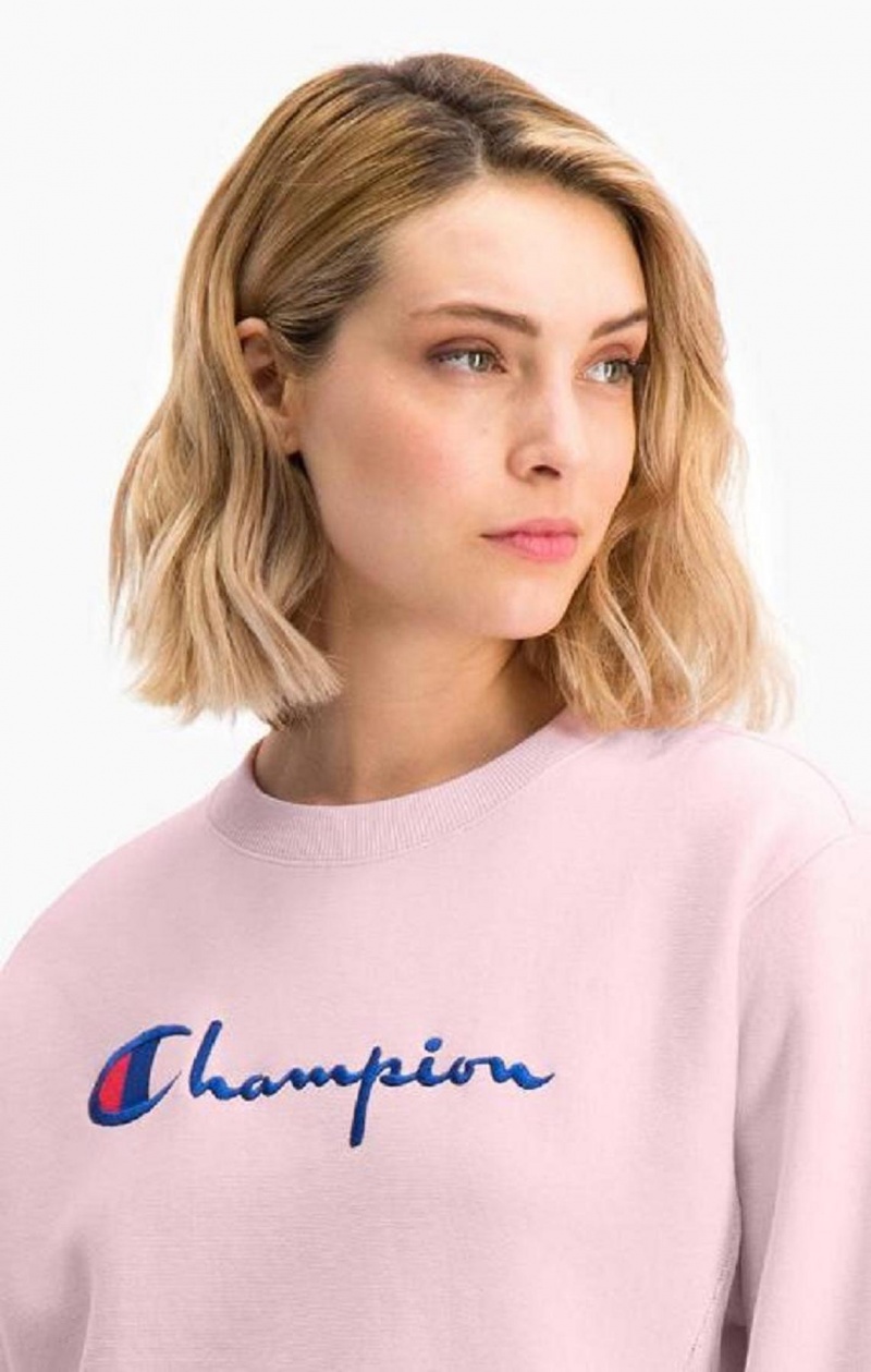 Champion Script Logo Reverse Weave Sweatshirt Sweatshirts Dame Lyserød | 5487-KONSU