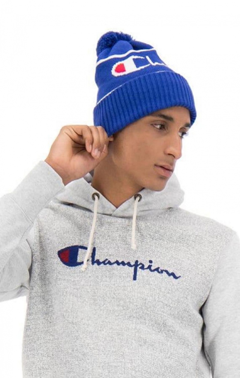 Champion Script Logo Stripe Bobble Beanie Hat Hatte Herre Blå | 0185-TLPKD