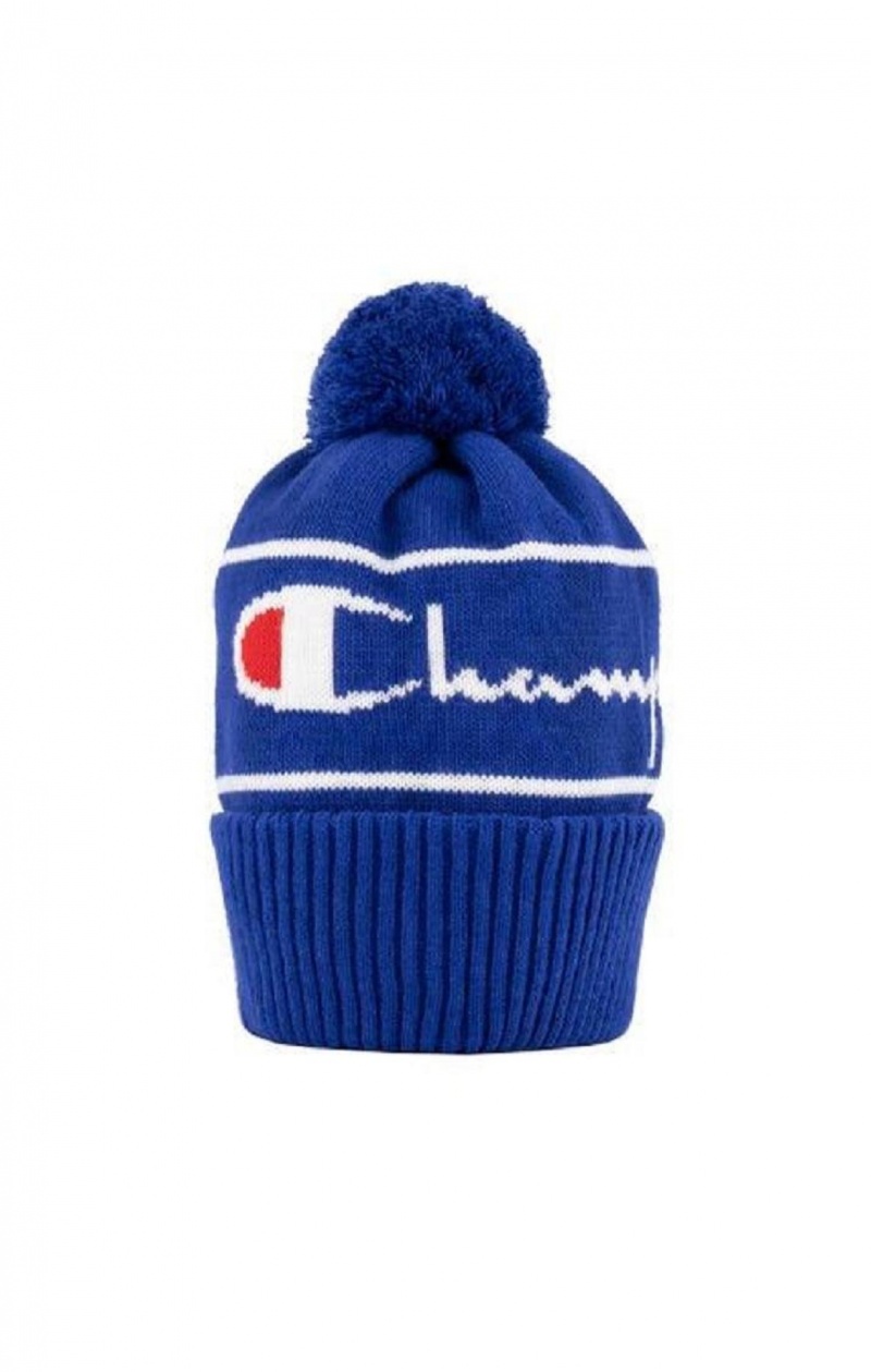 Champion Script Logo Stripe Bobble Beanie Hat Hatte Herre Blå | 0185-TLPKD