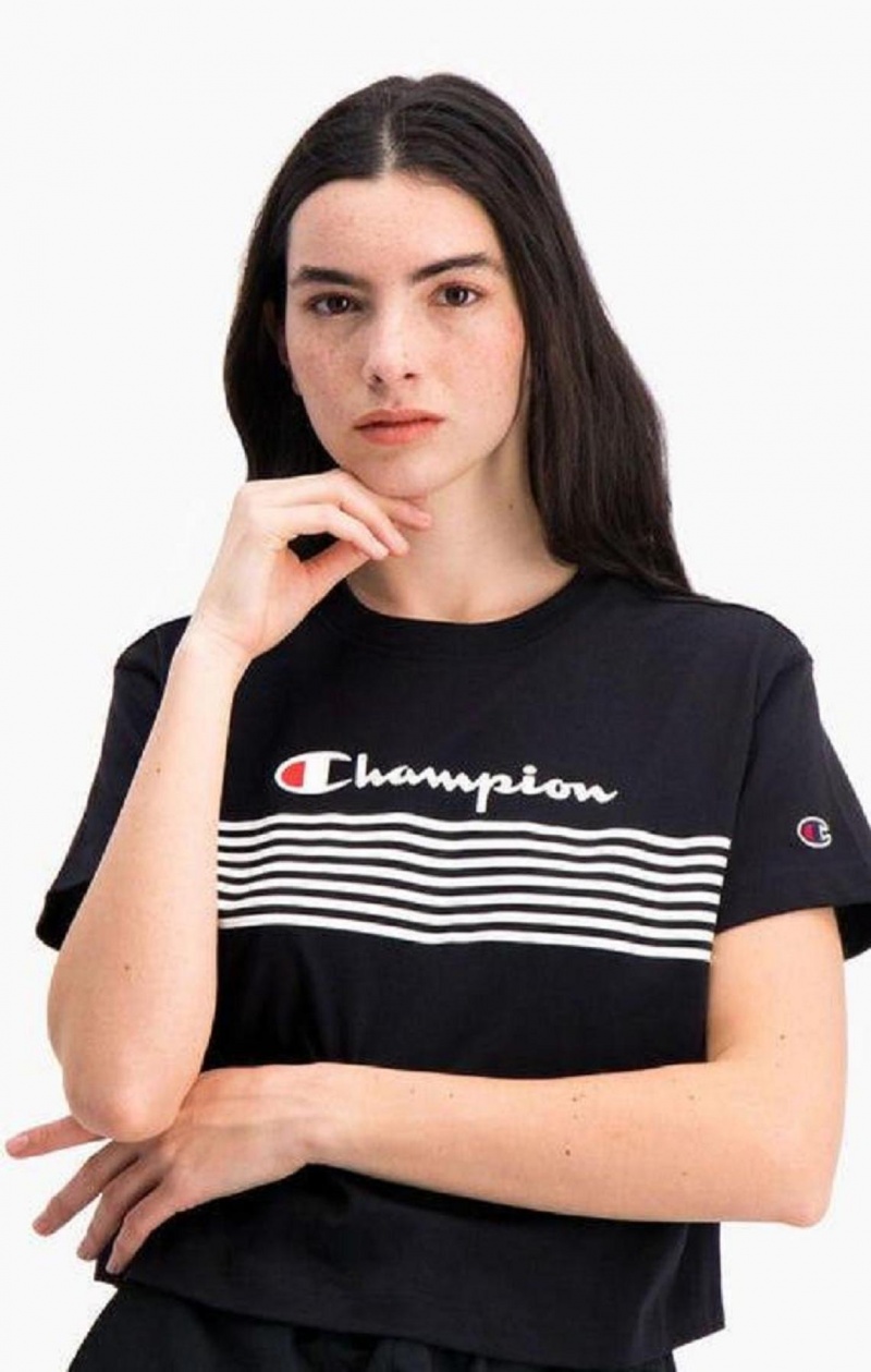 Champion Script Logo Stripe Curved Hem Cropped T-Shirt T Shirts Dame Sort | 7504-QJAYK