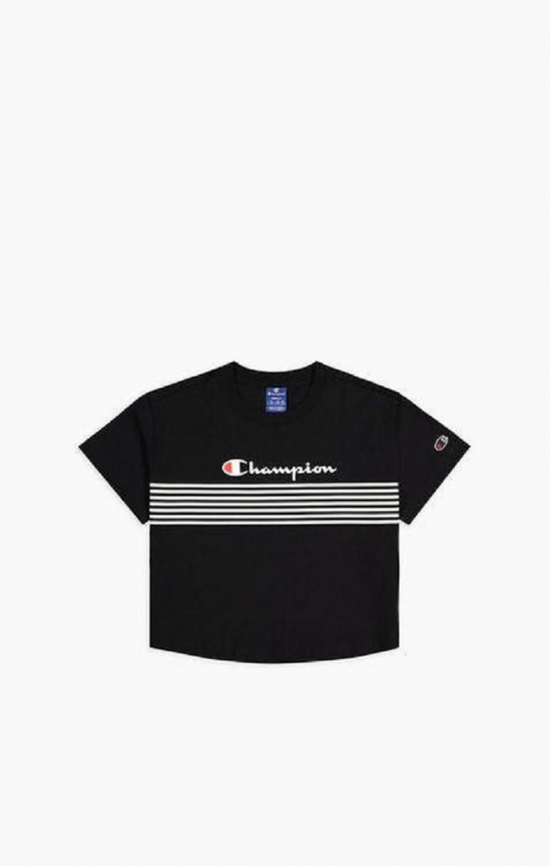 Champion Script Logo Stripe Curved Hem Cropped T-Shirt T Shirts Dame Sort | 7504-QJAYK