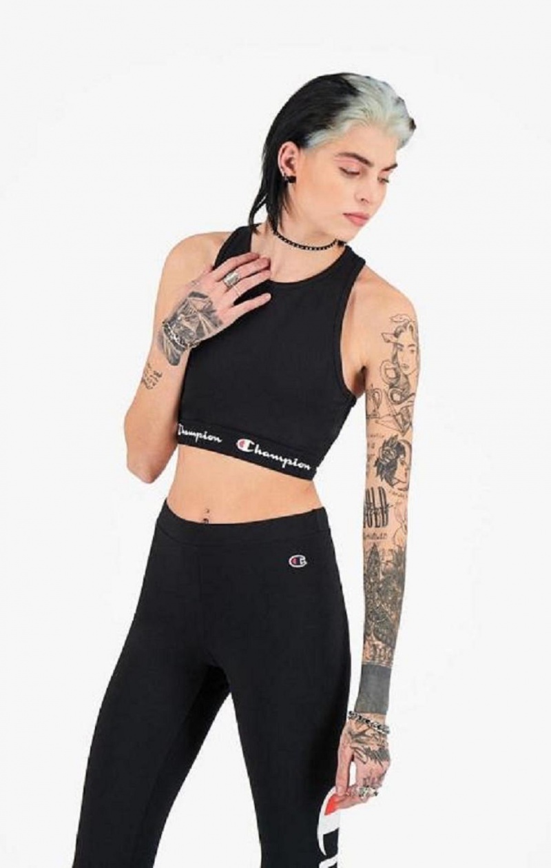 Champion Script Logo Talje Racer Back Sports Bra Sports BH Dame Sort | 2450-ITWFJ