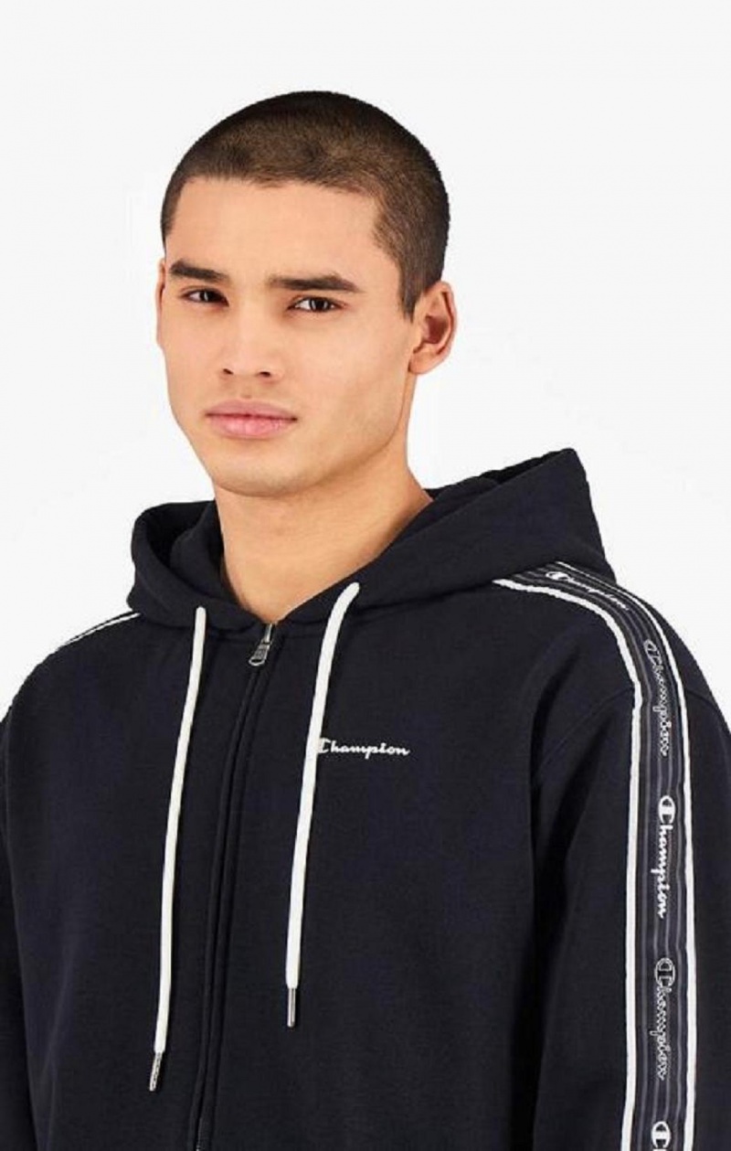 Champion Script Logo Tape Zip-Through Hoodie Hættetrøje Herre Sort | 3867-HQSXB