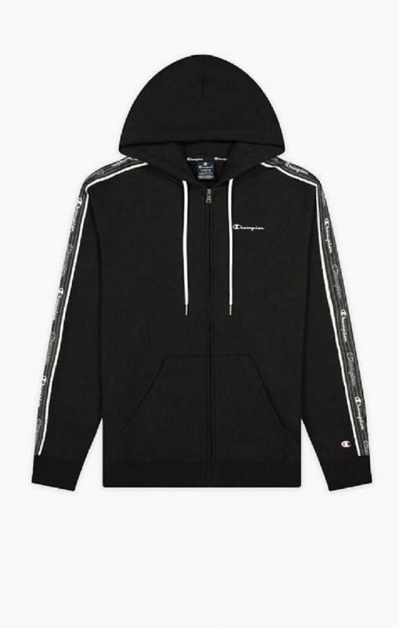 Champion Script Logo Tape Zip-Through Hoodie Hættetrøje Herre Sort | 3867-HQSXB