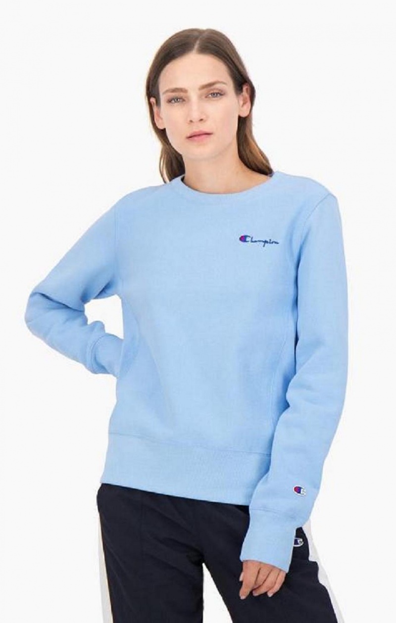 Champion Small Script Logo Reverse Weave Sweatshirt Sweatshirts Dame Lyseblå | 9574-OPFQS