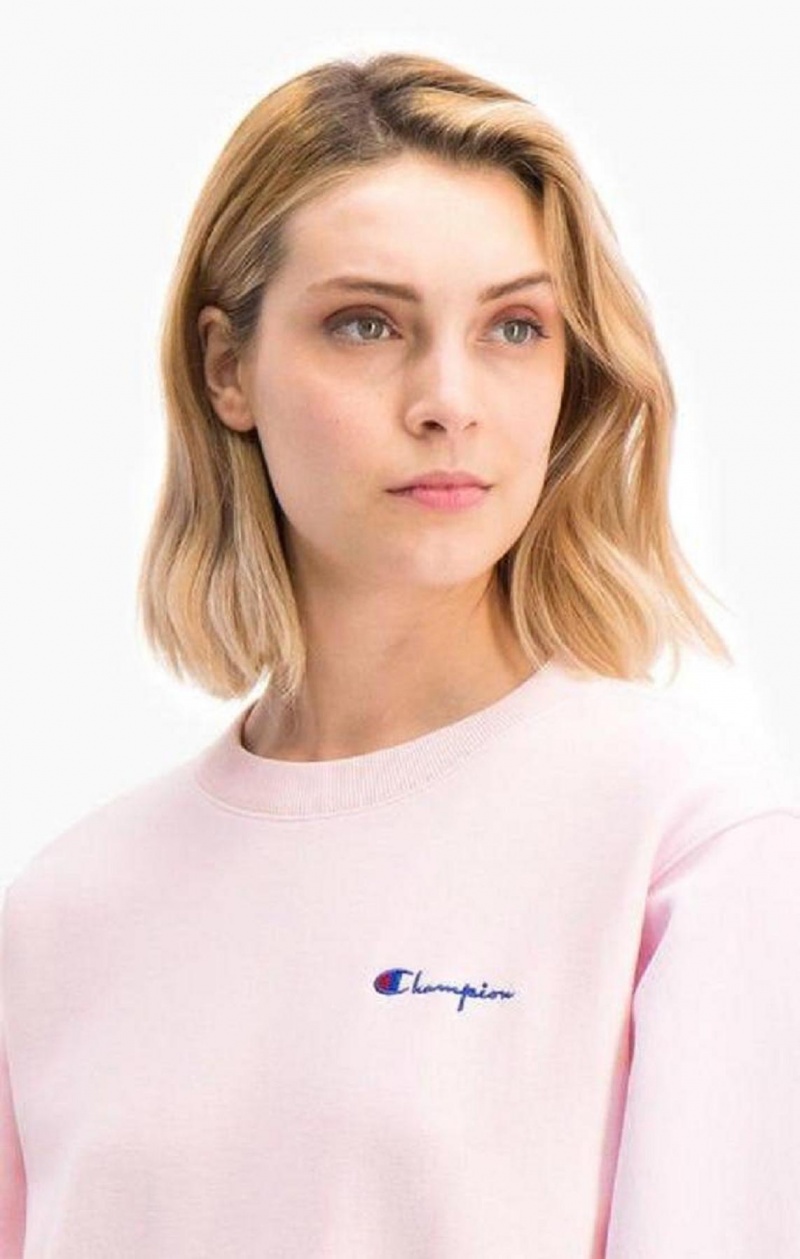 Champion Small Script Logo Reverse Weave Sweatshirt Sweatshirts Dame Lyserød | 6480-JUAKN