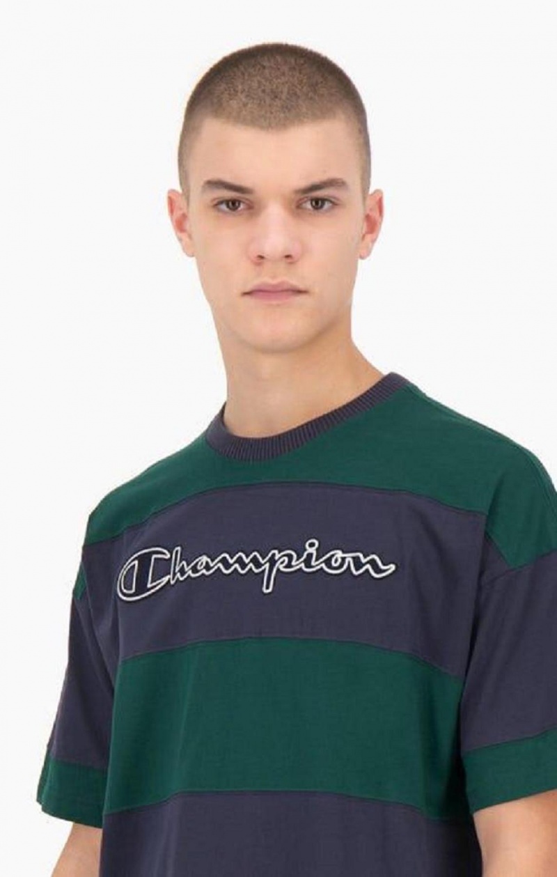 Champion Stribet Script Logo T-Shirt T Shirts Herre Grøn | 4108-PNGXC