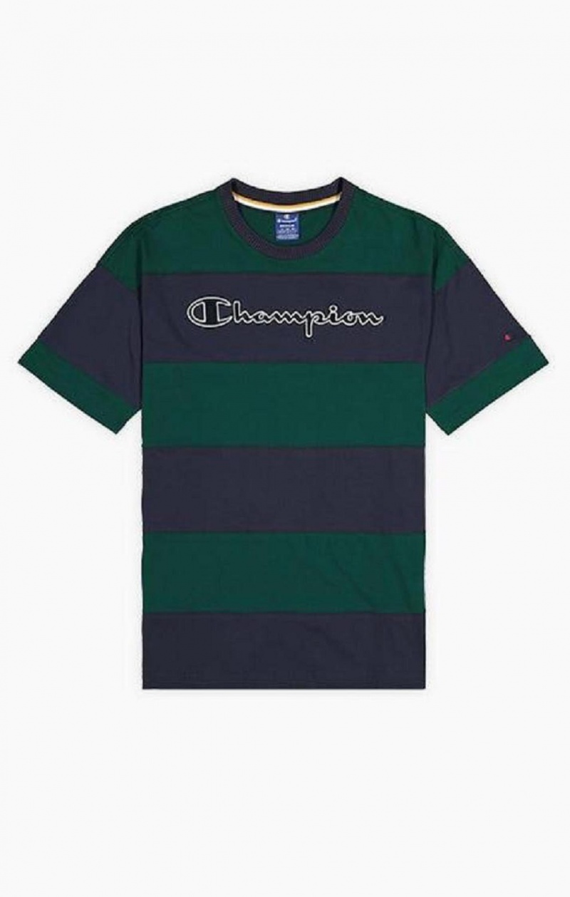 Champion Stribet Script Logo T-Shirt T Shirts Herre Grøn | 4108-PNGXC