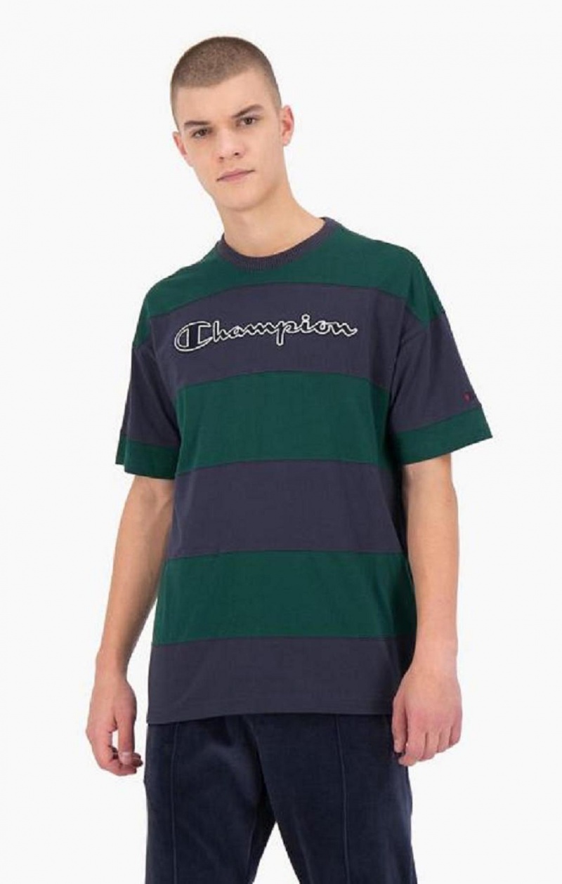 Champion Stribet Script Logo T-Shirt T Shirts Herre Grøn | 4108-PNGXC