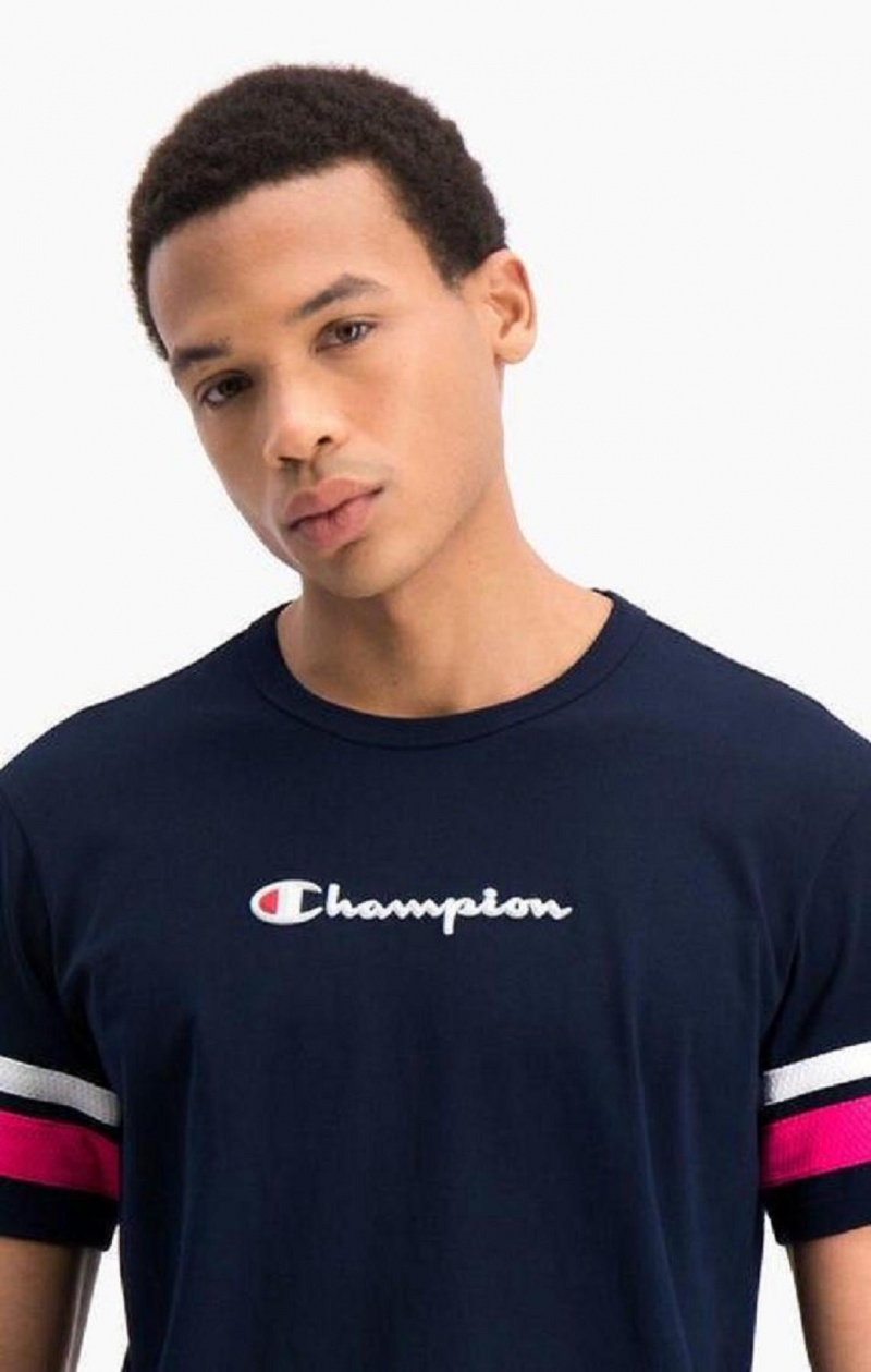 Champion Stripe Detail Script Logo T-Shirt T Shirts Herre Blå | 1256-HYJTL