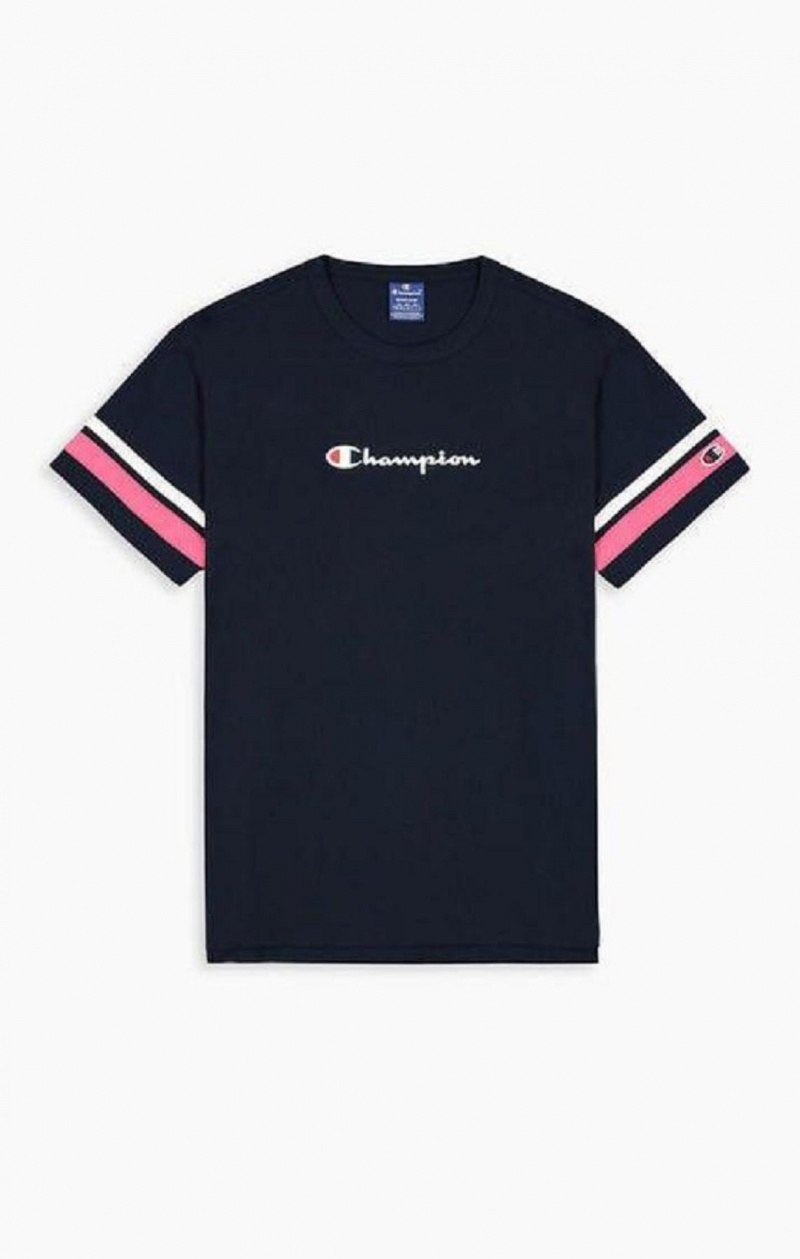 Champion Stripe Detail Script Logo T-Shirt T Shirts Herre Blå | 1256-HYJTL