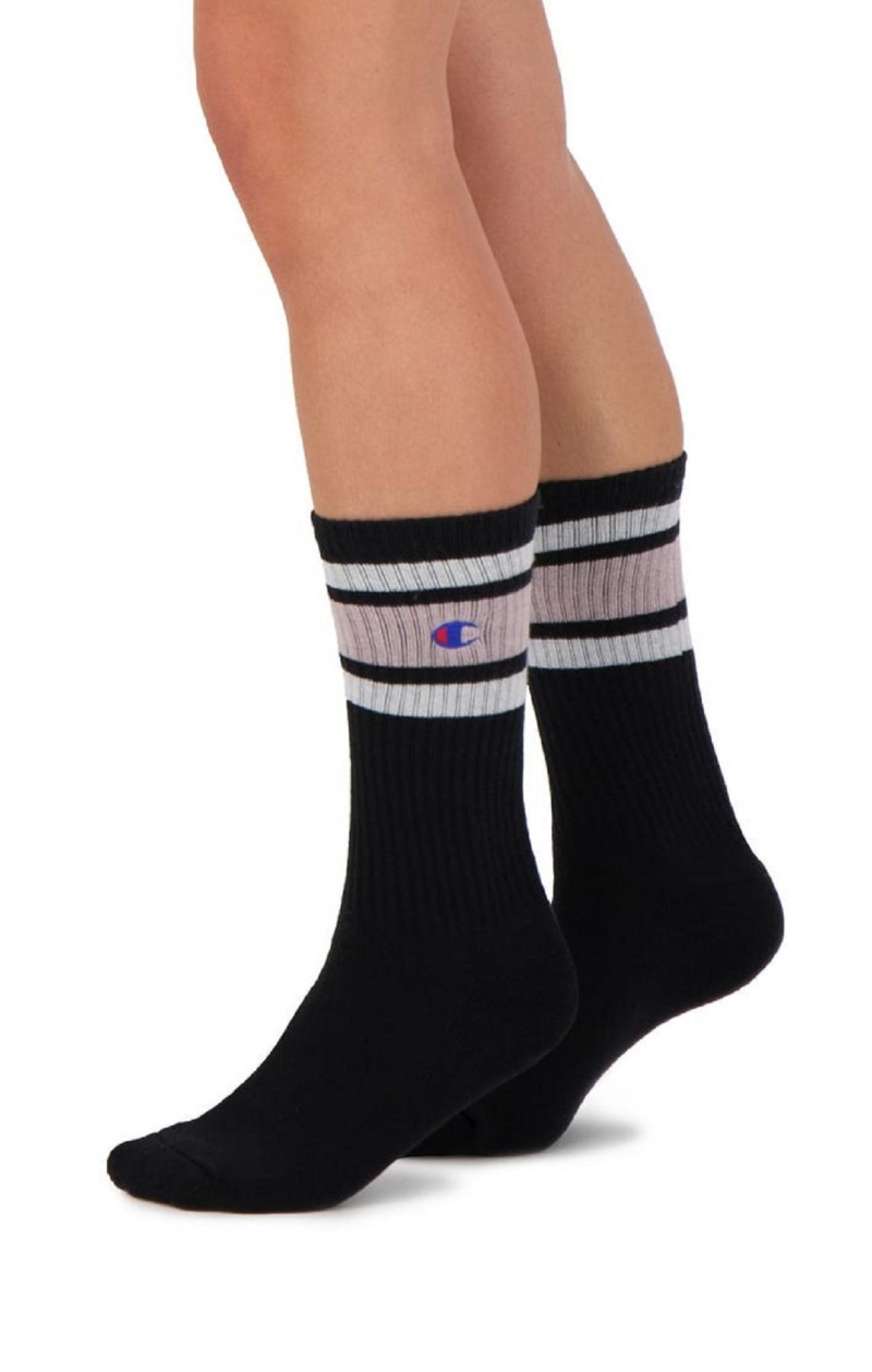 Champion Stripe Ribbet Crew Socks Sokker Herre Sort Lyserød | 6798-MKAJC