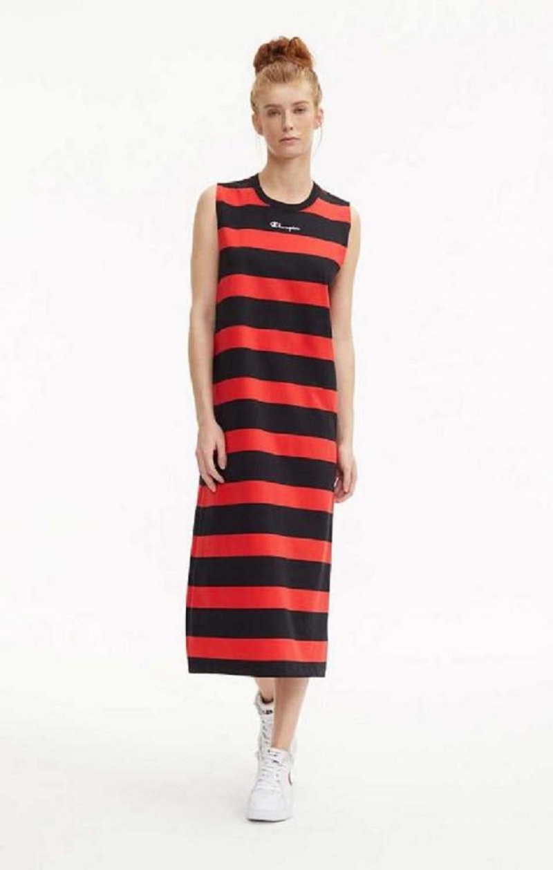 Champion Stripe Tank Jersey Maxi Kjole Kjole Dame Rød Sort | 5793-YCUQA