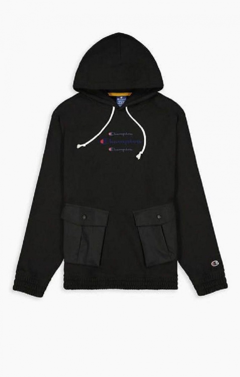 Champion Triple Script Logo Cargo Pocket Hoodie Hættetrøje Herre Sort | 5309-AJVGB