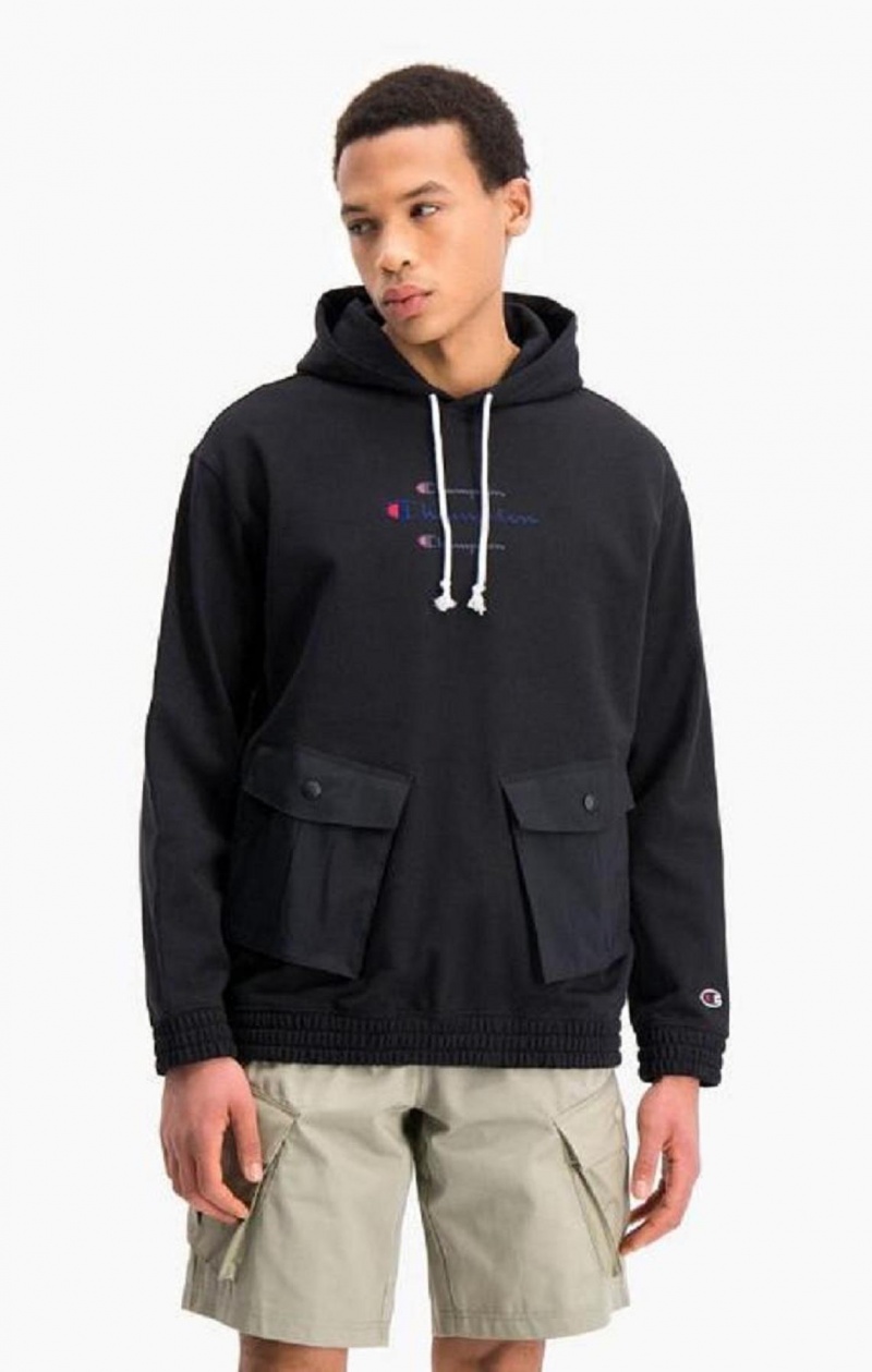 Champion Triple Script Logo Cargo Pocket Hoodie Hættetrøje Herre Sort | 5309-AJVGB