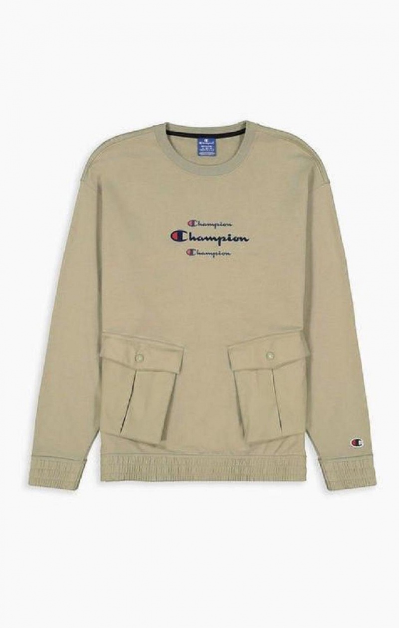 Champion Triple Script Logo Cargo Pocket Sweatshirt Sweatshirts Herre Beige | 1539-PLXKF