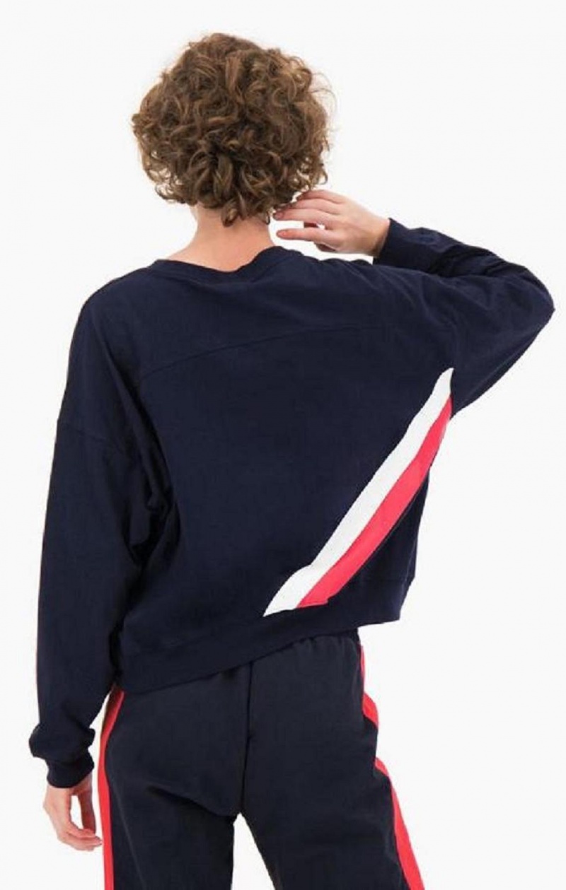 Champion Two Tone Logo Stripe Back Sweatshirt Sweatshirts Dame Mørkeblå | 9875-NMSAP