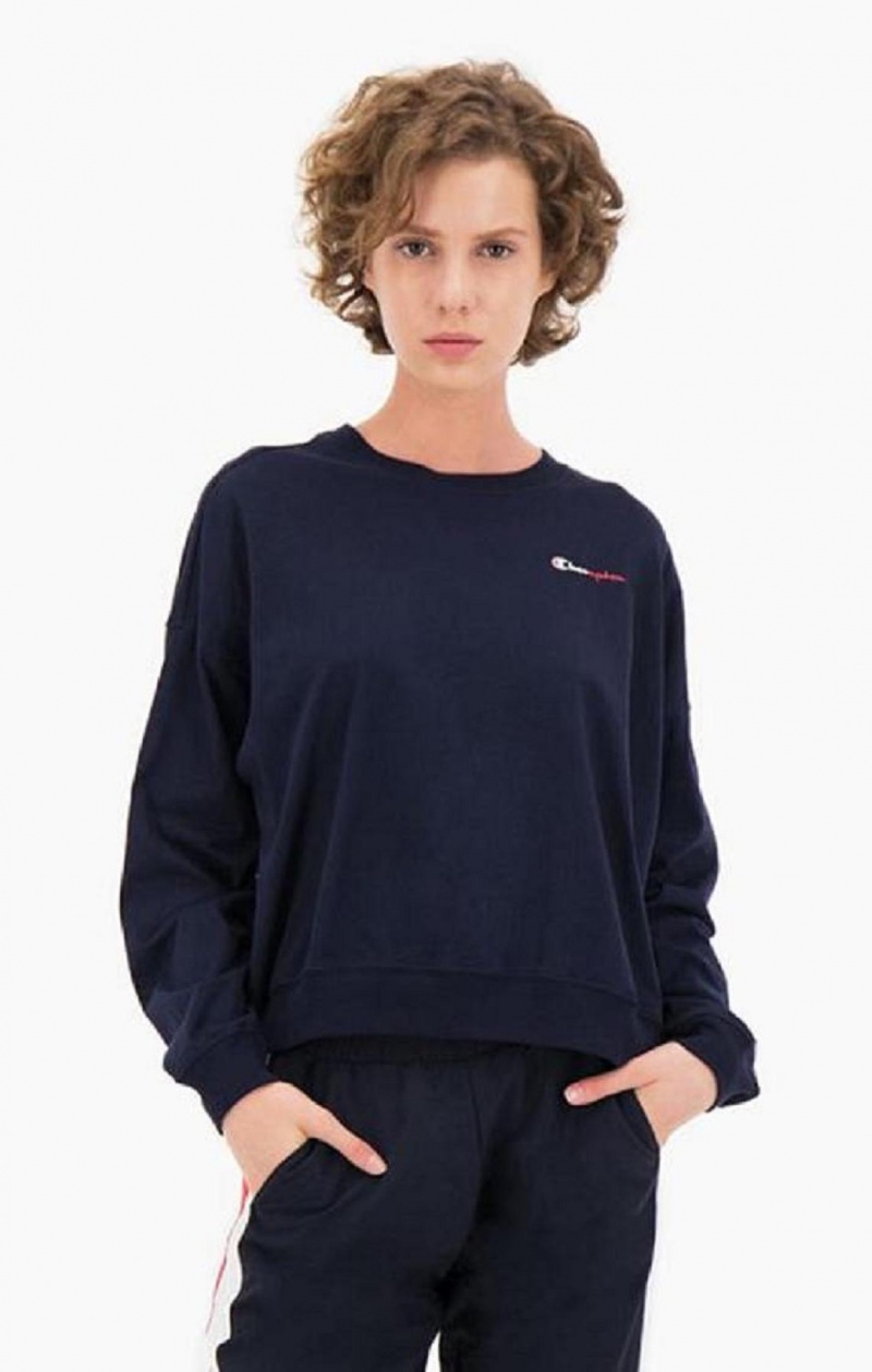 Champion Two Tone Logo Stripe Back Sweatshirt Sweatshirts Dame Mørkeblå | 9875-NMSAP