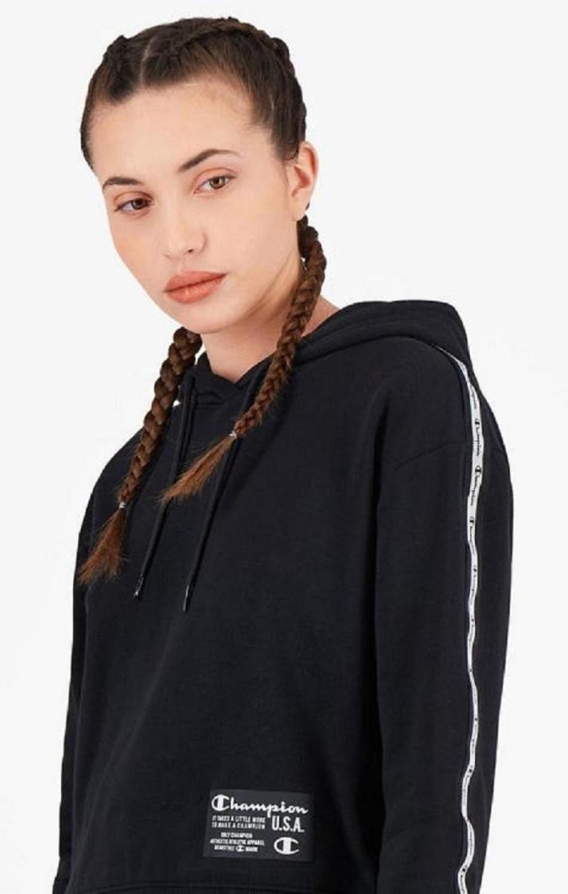 Champion USA Cropped Hoodie Hættetrøje Dame Sort | 4860-IANMS