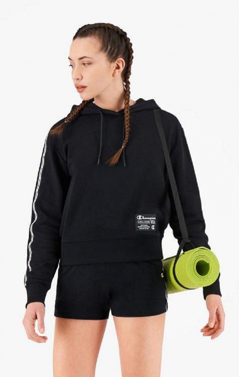 Champion USA Cropped Hoodie Hættetrøje Dame Sort | 4860-IANMS