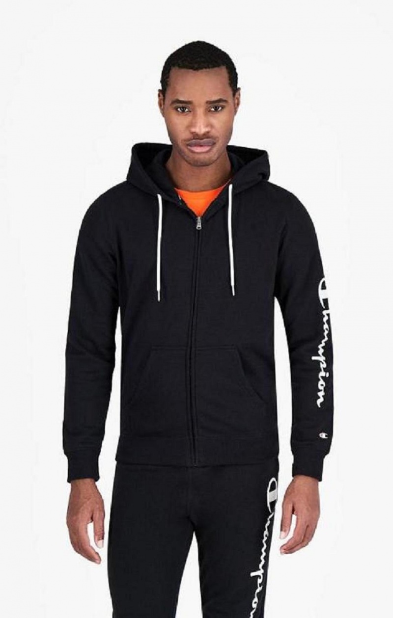 Champion Zip-Up Mesh Effect Script Logo Hoodie Hættetrøje Herre Sort | 6718-AOPLE