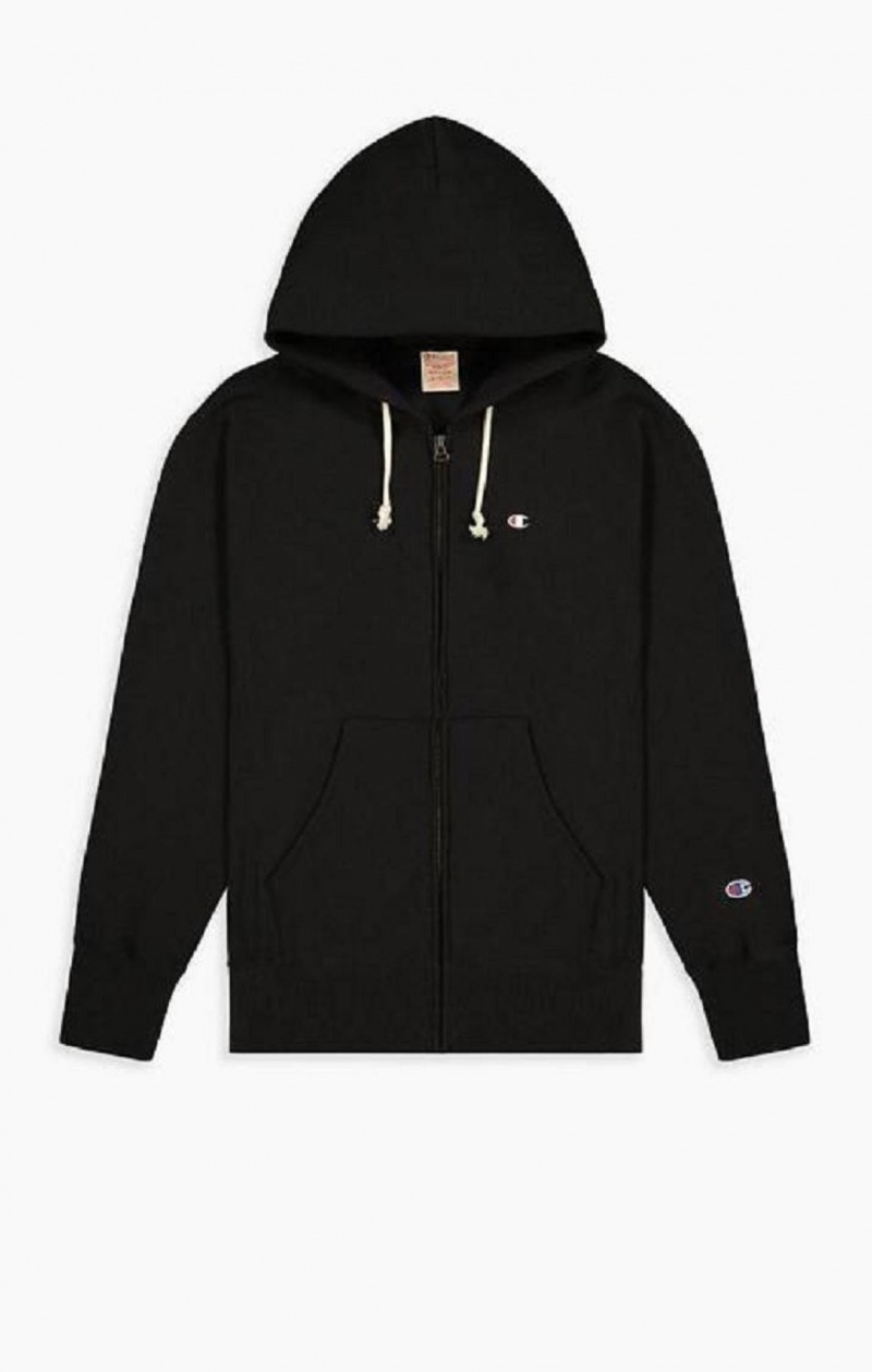 Champion Zip-Up Script Logo Hoodie Hættetrøje Herre Sort | 0692-ZKJPM